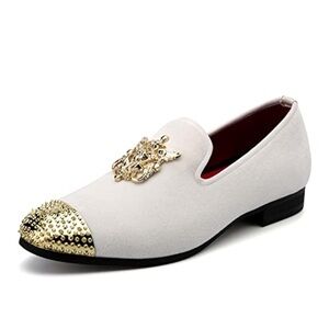 Jitai slip on ivory white velvet loafers men’s shoes gold tone cap toe emblem 13